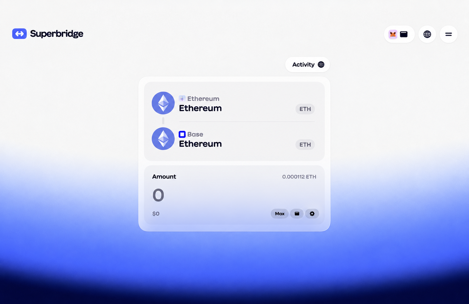 Superbridge interface showing ETH moving from Ethereum to Base